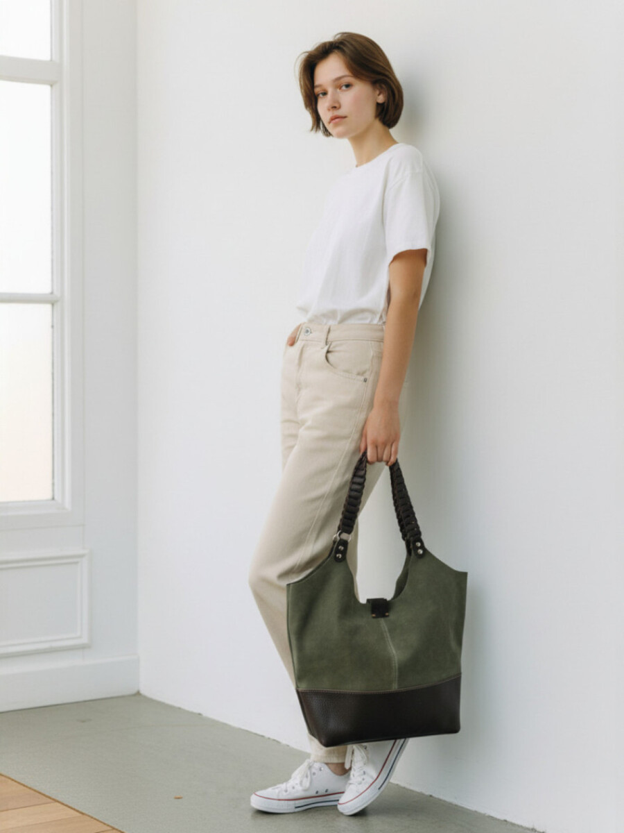 Tote bag de cuero con gamuza - Verde 