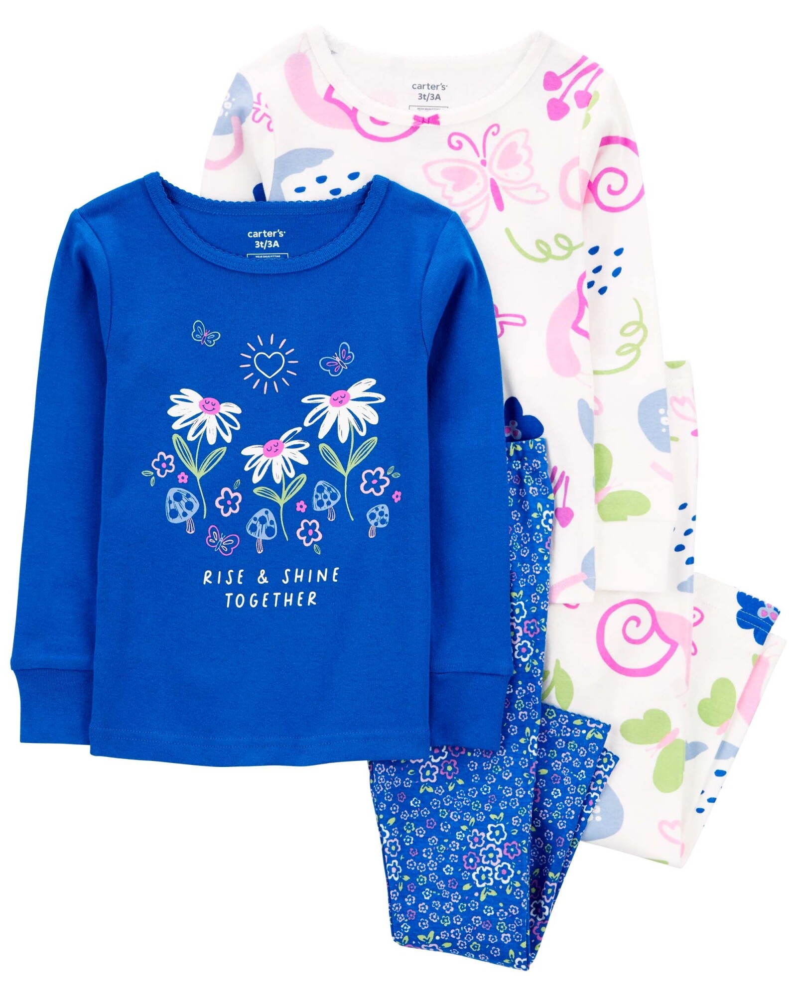 Pijama cuatro piezas de algodón, dos remeras y dos pantalones diseño mariposas Sin color