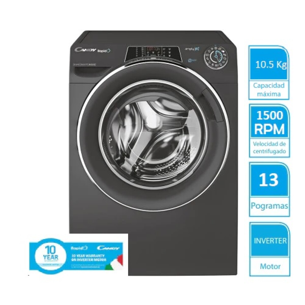Lavarropa Candy Rapidó Inverter 10.5 Kg, 1500 Rpm, 16 Progra - 001 