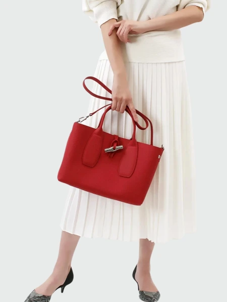 Longchamp -Cartera de cuero con gran capacidad, Roseau Rojo