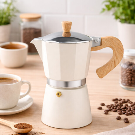 Cafetera italiana con mango simil madera 9 tazas Beige