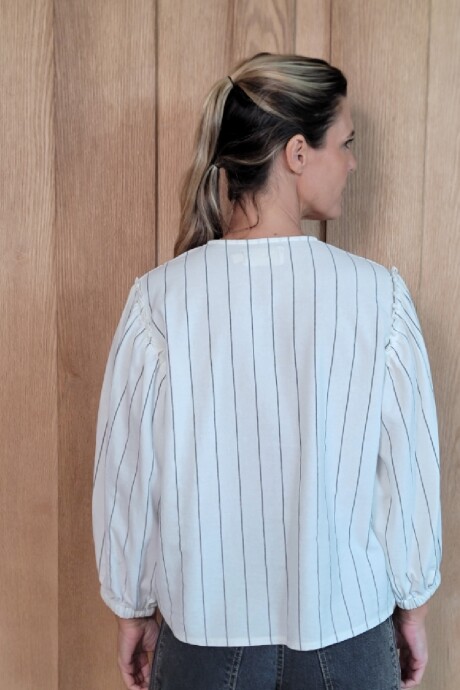 Camisa Melón Lino Raya Crudo y gris