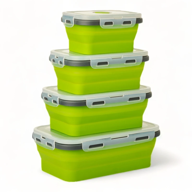 Set X4 Taper Contenedor Silicona Plegables Tapa Plastico Hermetica Verde