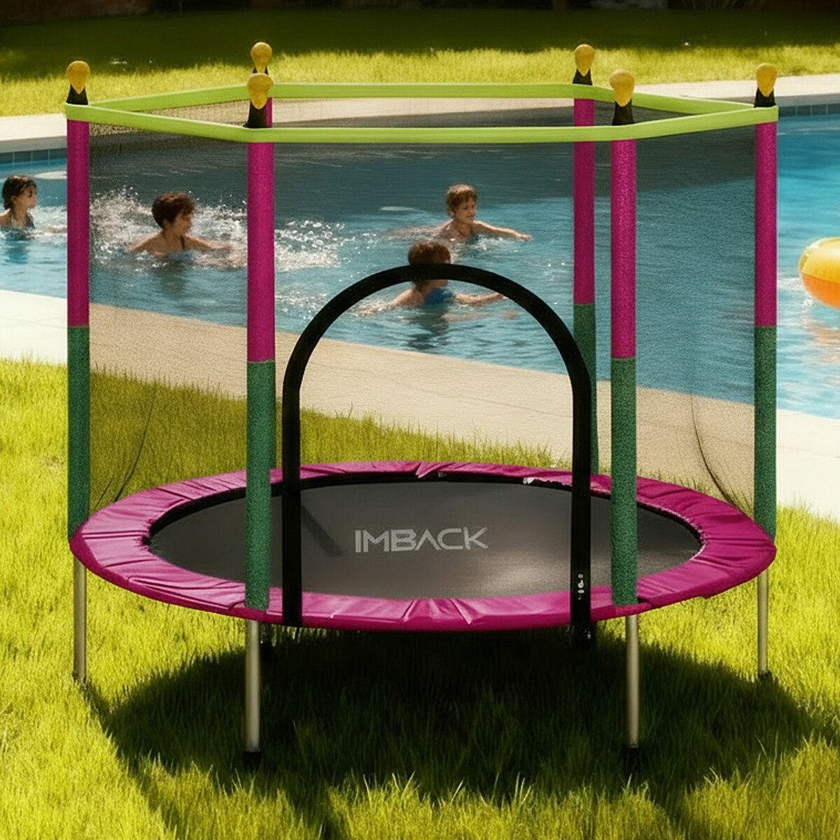 Cama Elastica de 1.40M Trampolin Saltarin con Red Proteccion y refuerzo seguridad IMBACK Color Rosa 