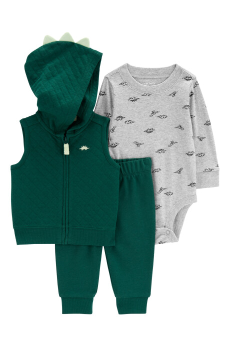 Set tres piezas de algodón, chaleco y pantalón capitoneados, más body, diseño dino Set tres piezas de algodón, chaleco y pantalón capitoneados, más body, diseño dino