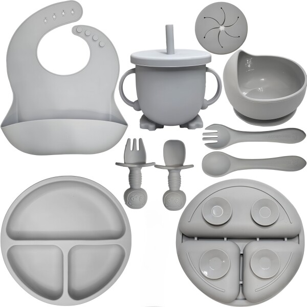 Set Alimentación Bebé Platos Silicona Libre Bpa 10 Piezas Color Gris