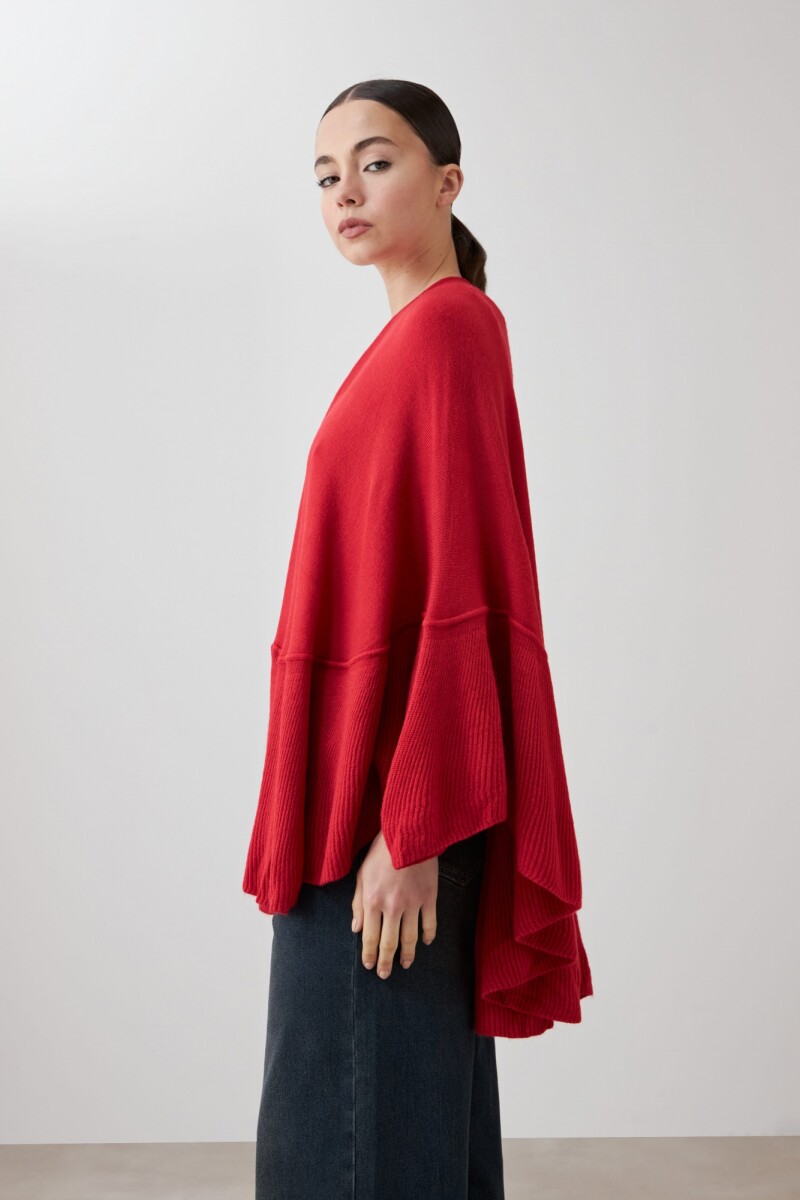 Ruana tejida con volados rojo