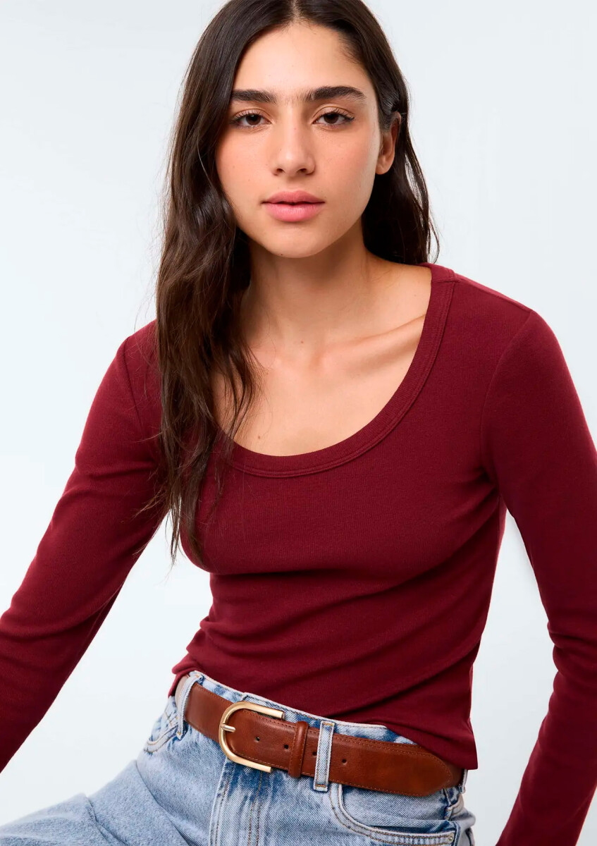 CAMISETA MANGA LARGA ACANALADA - NEGRO - BORDEAUX 