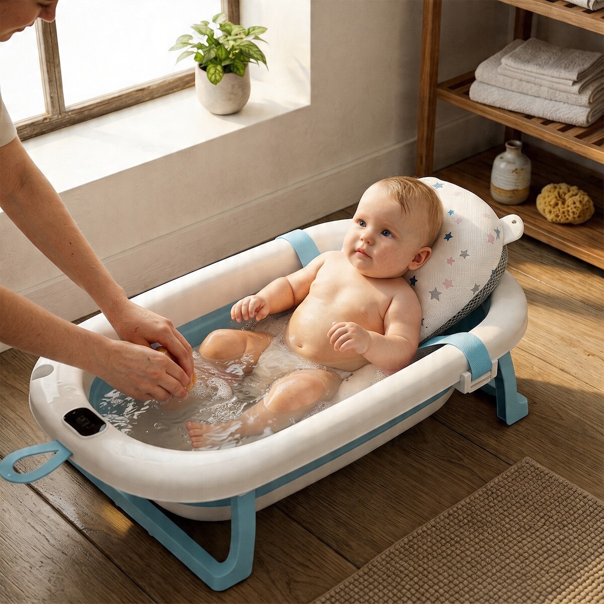 Bañito Plegable Cambiador Baño Con Sensor Temperatura Bañera Bebes Ducha Banito Imback Color Azul 