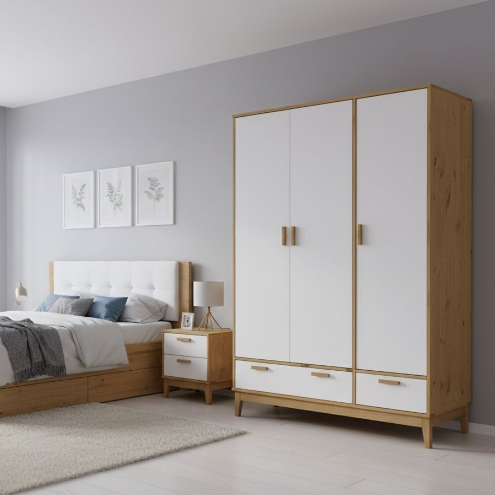 ROPERO 3 PUERTAS 2 CAJONES GUARDARROPA ARMARIO CLOSET PLACARD EN MADERA MACIZA BLANCO