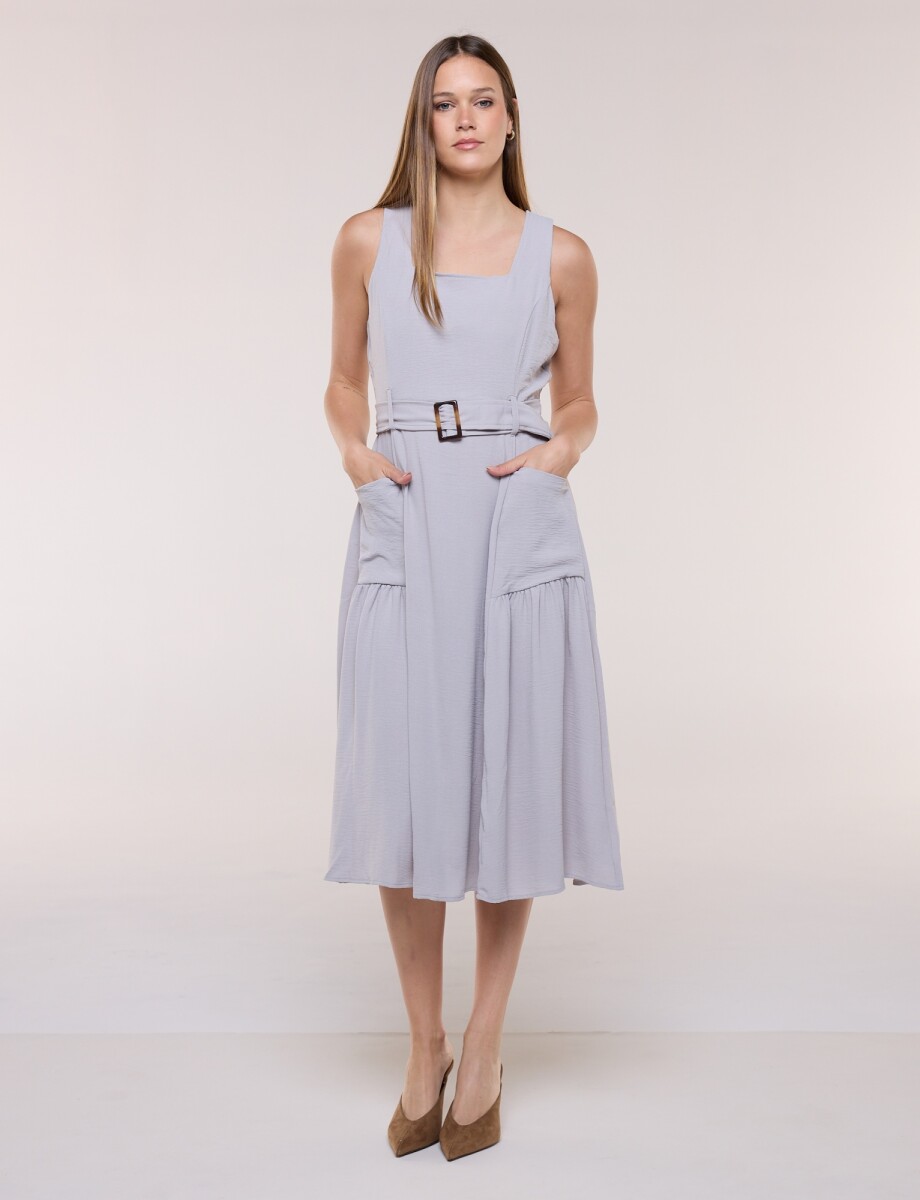Vestido Midi Con Cinto - Gris 