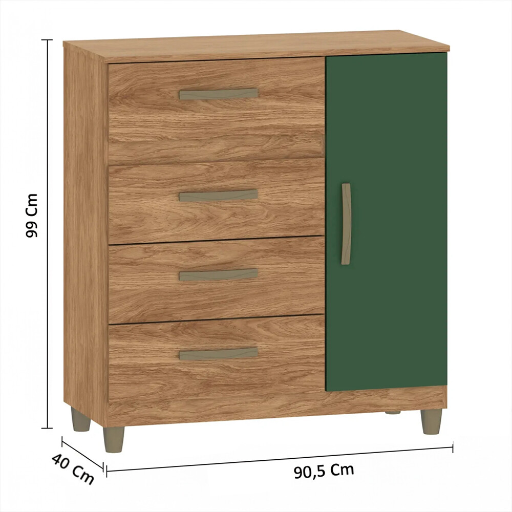 CÓMODA CAJONERA GUARDARROPA 4 CAJONES 1 PUERTA COLOR MADERA VERDE