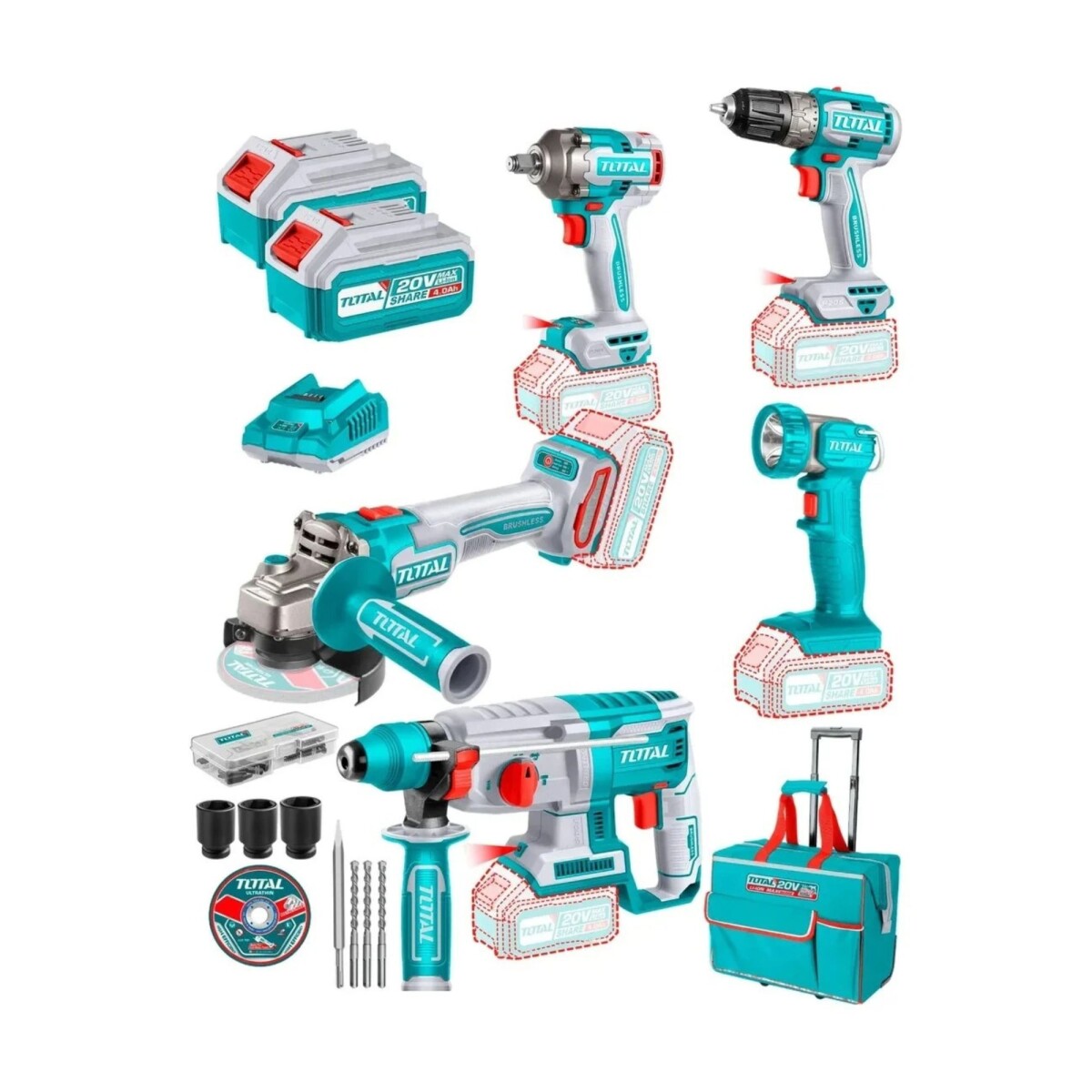 Combo Kit Profesional Total 20V 4 Herramientas con 2 Baterías 4.0Ah y Cargador Rápido 