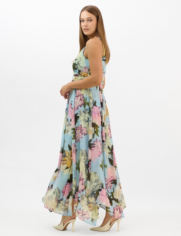 Vestido Largo Estampado Floral Con Cuello CELESTE/MULTI