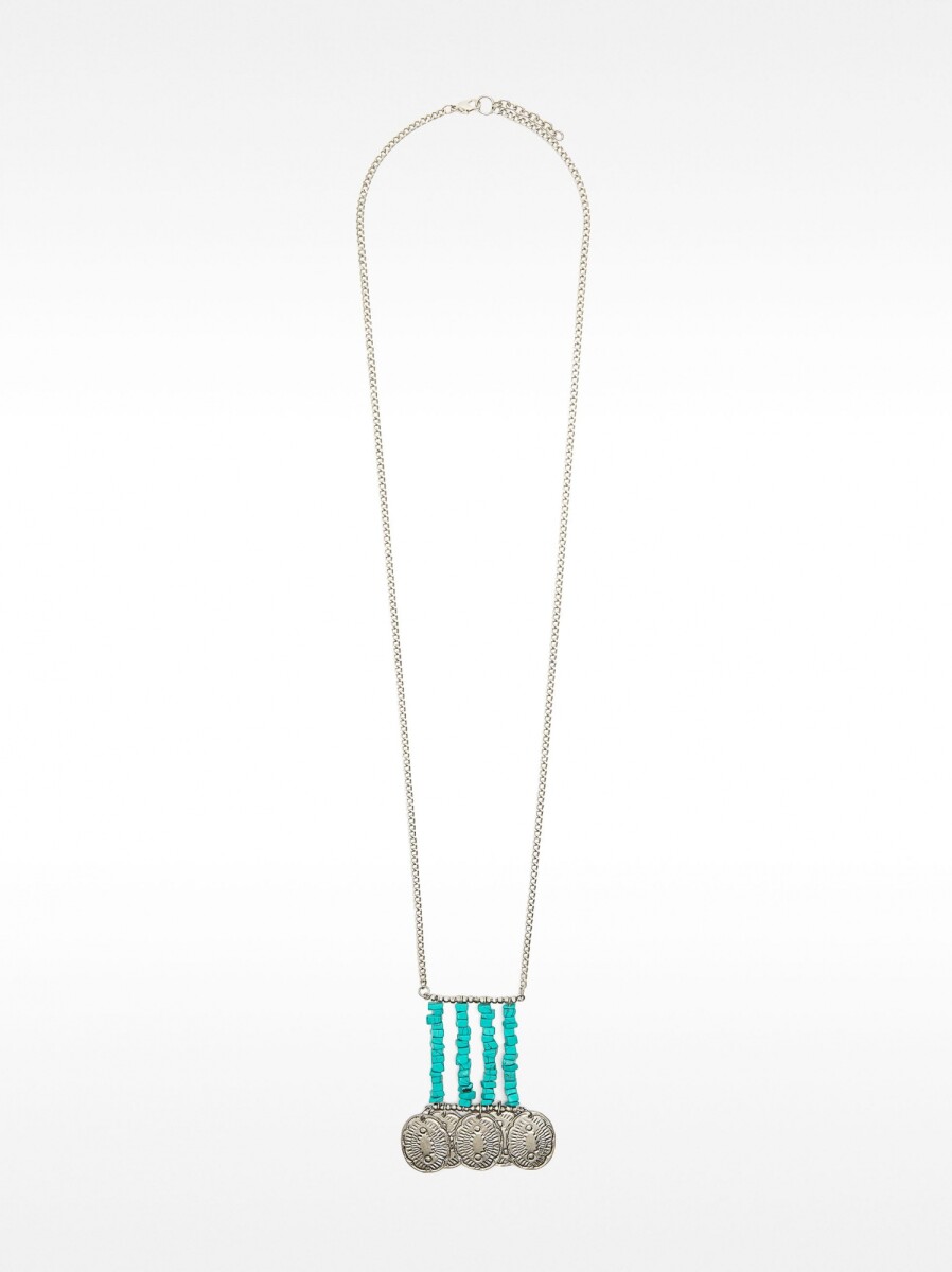 Collar Largo Colgante Con Piedras Y Medallas - azul 
