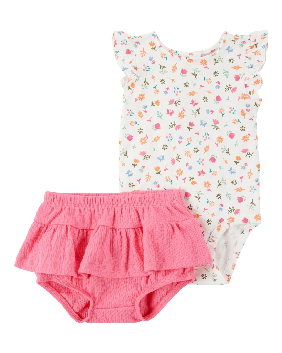 Set dos piezas de algodón, short y body con volados, diseño floral 