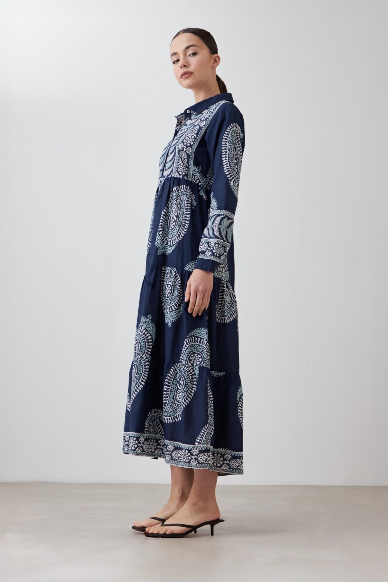 Maxi vestido estampado arabescos azul marino