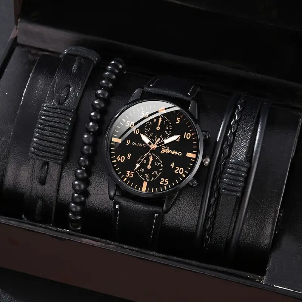 Set De Reloj Masculino Con Pulseras de Cuero 