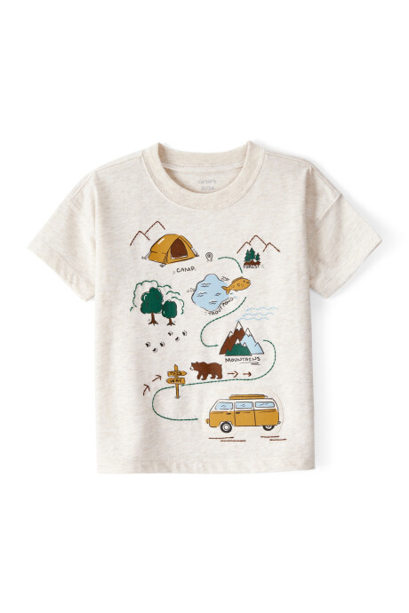 Remera de algodón, manga corta, estampa camping Sin color