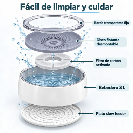 Plato Bebedero Anti Salpique Mascotas 3L Filtro Carbón Blanco