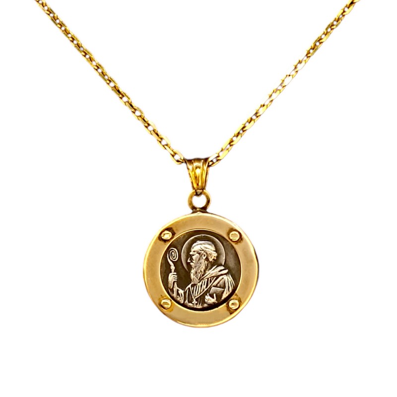 Dije San Benito-Oro bajo y Plata quemada-Sin piedra-CP8593 sinpiedra