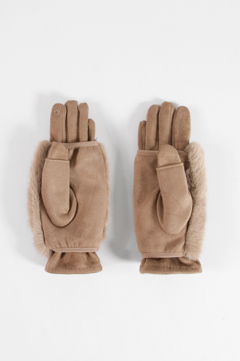 Guantes de suede con miton de pelo removible beige