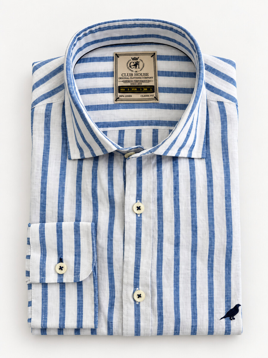 Camisa Lino Short Collar - Rayas Azul Riviera 