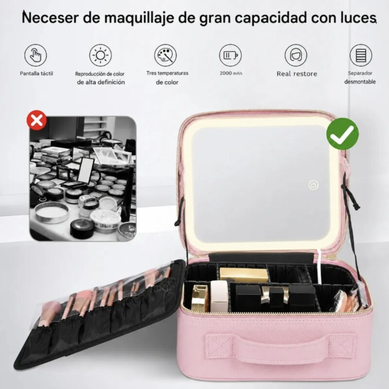 Maletín organizador de Comesticos con Espejo Led Rosado Maletín organizador de Comesticos con Espejo Led Rosado