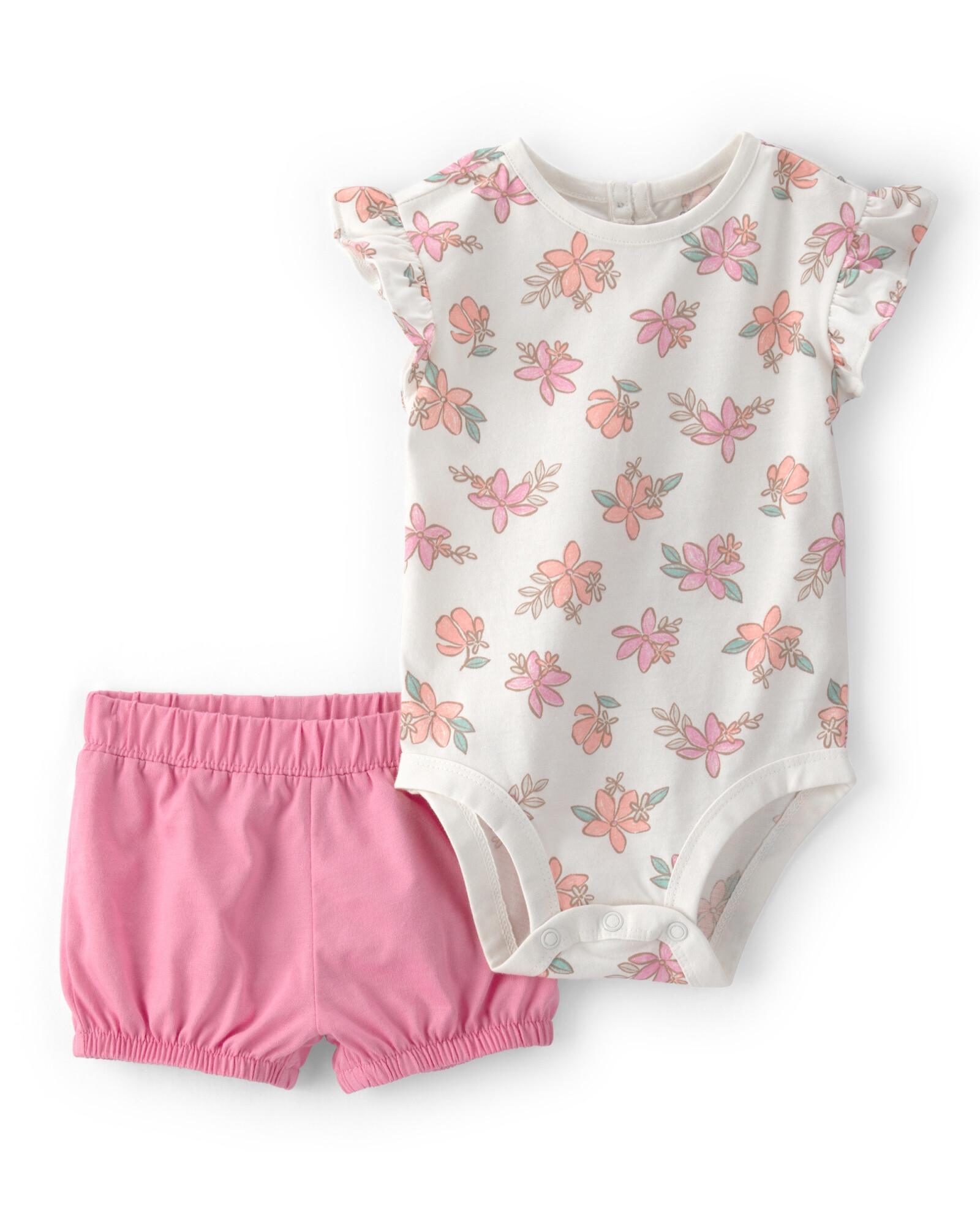 Set dos piezas de algodón, short y body, rosado y blanco, diseño floral Set dos piezas de algodón, short y body, rosado y blanco, diseño floral