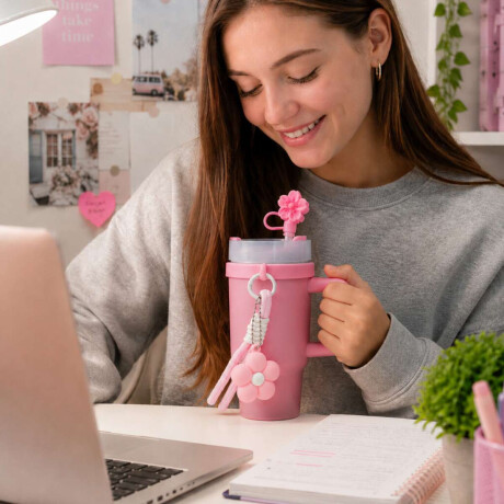 Vaso térmico de acero con accesorios y tapita 420ml Rosado