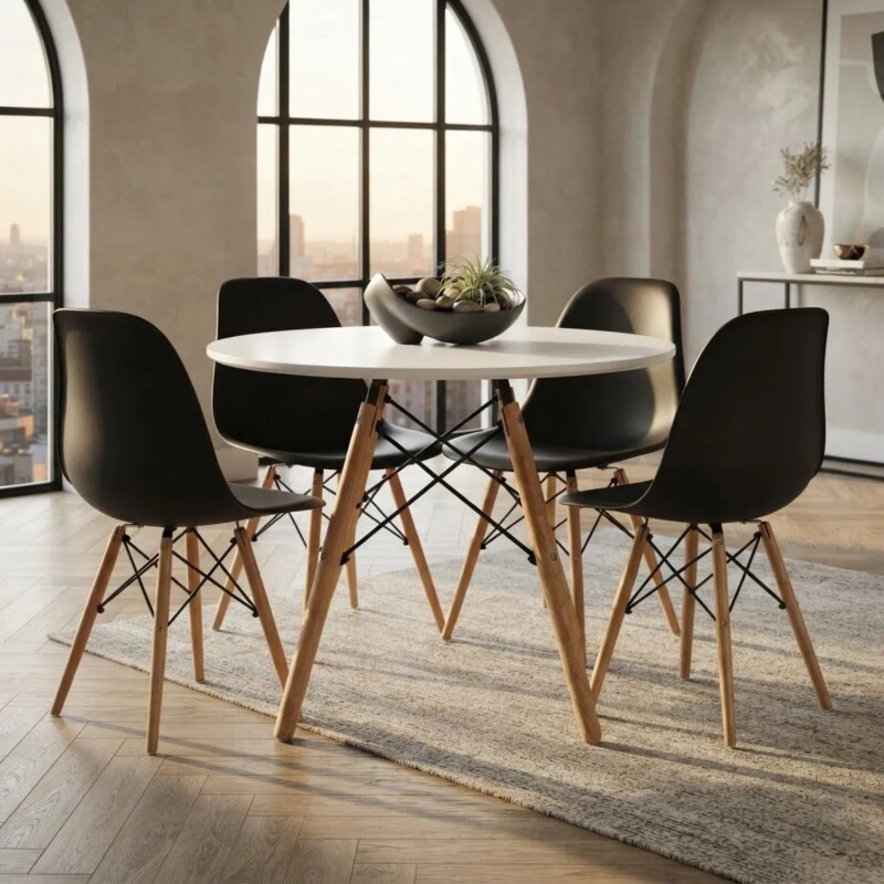 Juego de comedor Con Mesa Circular de 80cm + 4 Sillas Eames Negro/Blanco