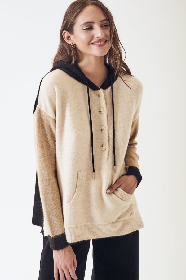 Sweater Color Block Capucha Beige Melange