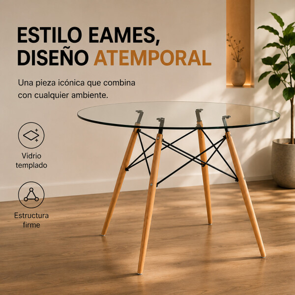 Mesa Comedor ComboHome Eames Redonda Vidrio 100 Cm Premium Transparente