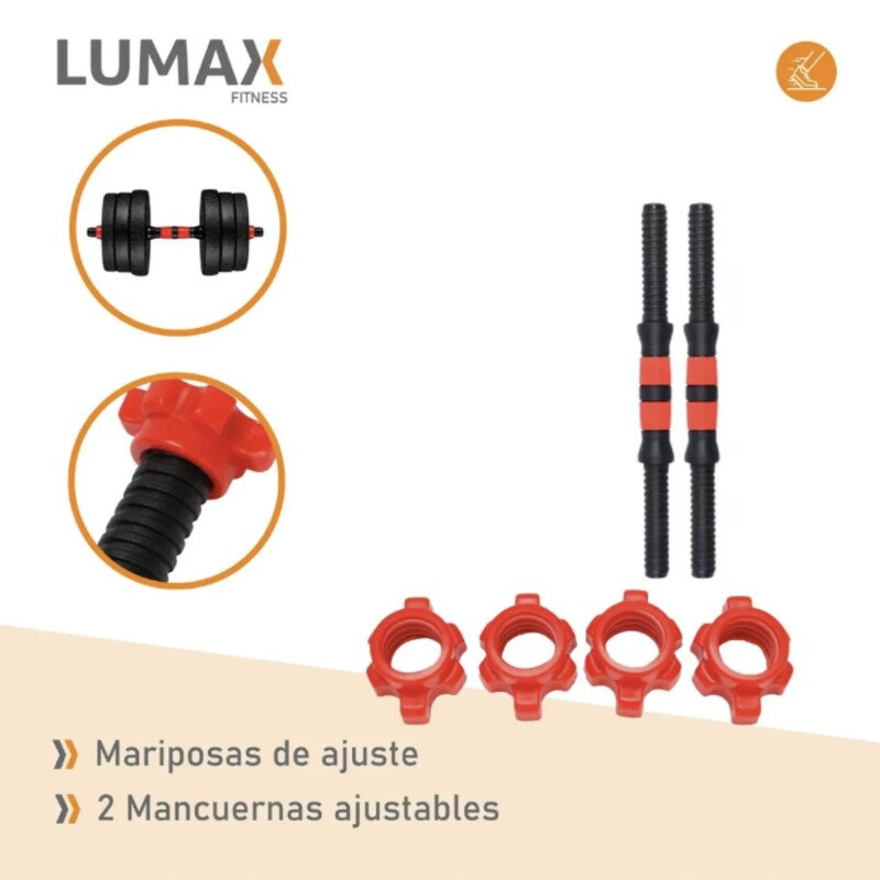 Set 2 Mancuernas Lumax + Barra 2 en 1 + 30kg Discos Pesas Rojo