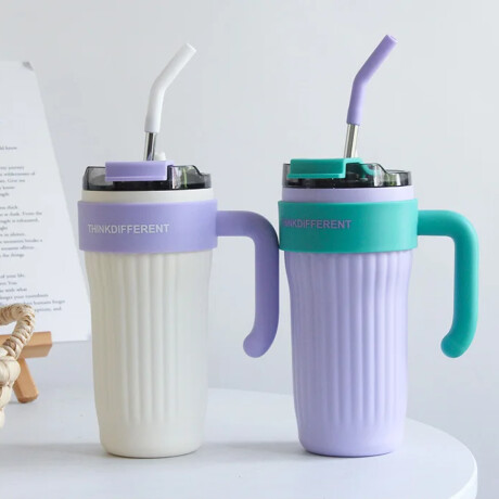 Vaso térmico con agarre y sorbito bi color Blanco