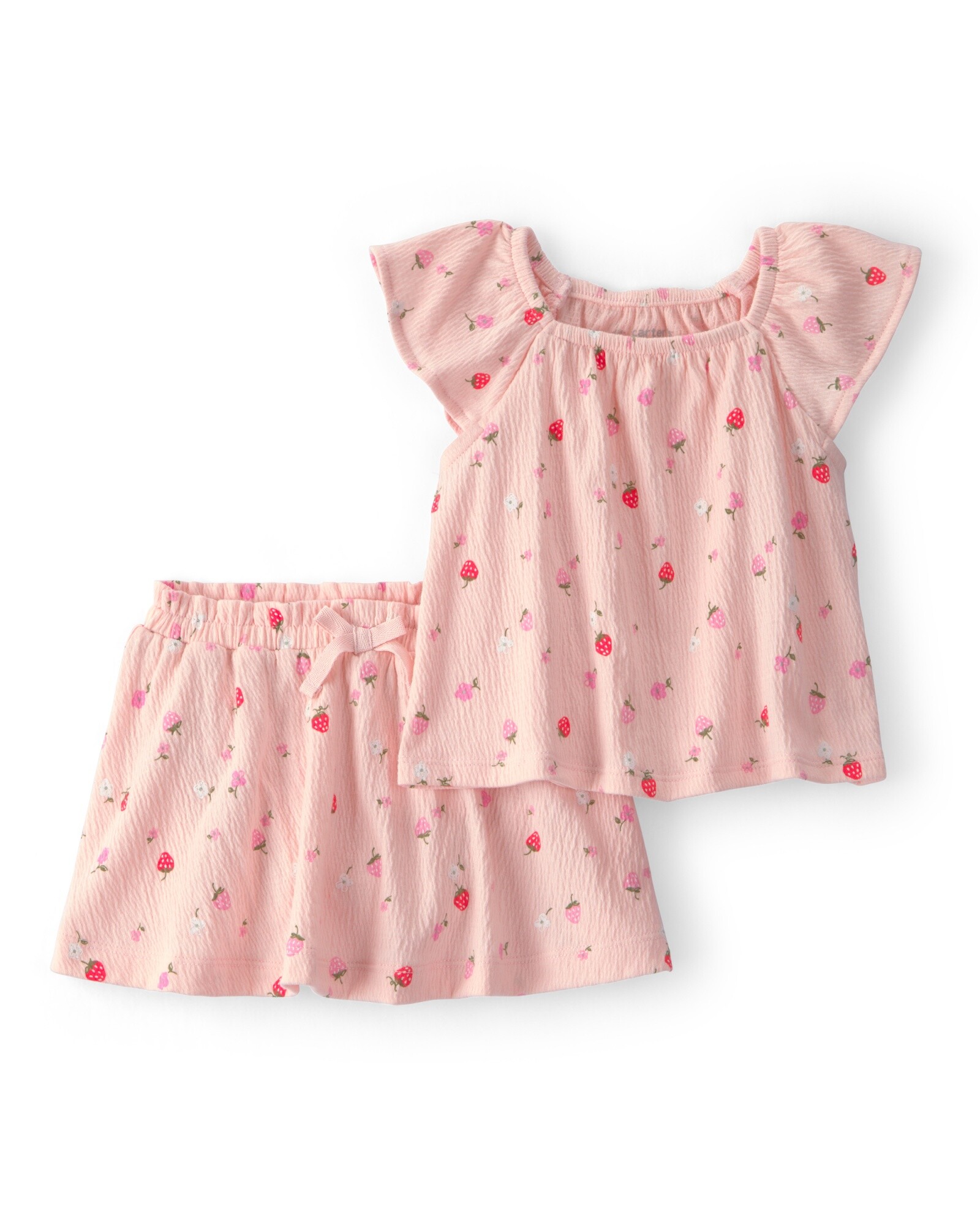Set dos piezas de jersey arrugado, short pollera y remera, rosado, diseño frutillas. Talles 6-24M Sin color
