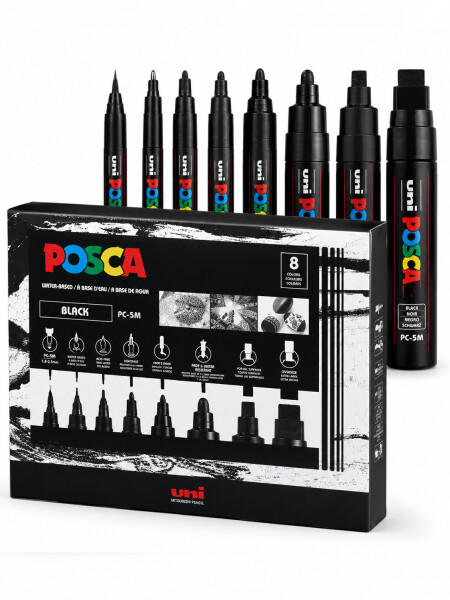 MARCADOR UNI POSCA MIX X8 TRAZOS NEGROS N/A