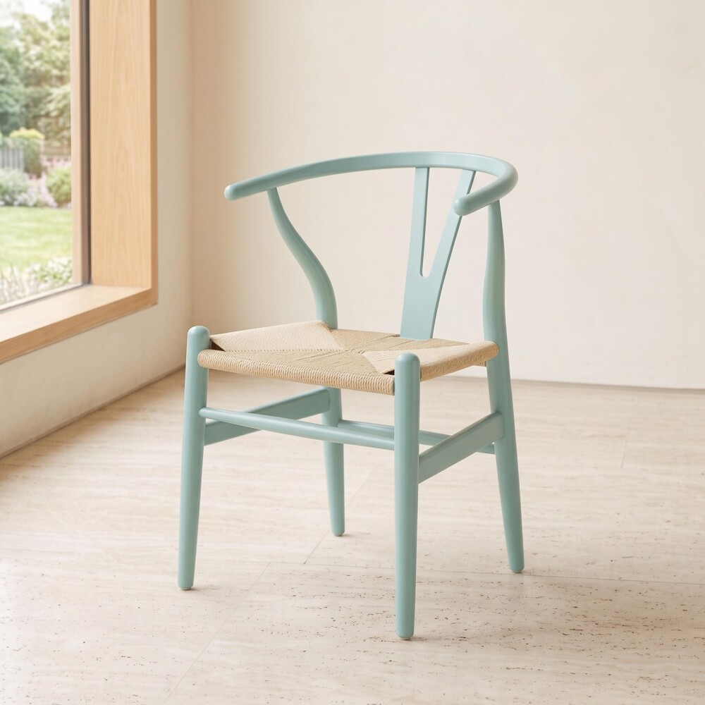 Silla Wishbone - Madera de Haya y Rattan natural Celeste