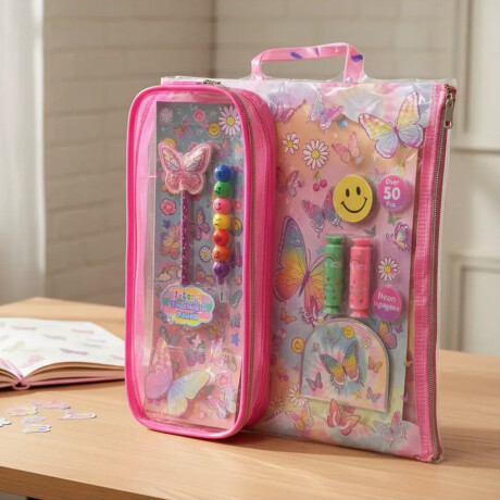 Set Papelería Arte Escolar c/Bolso Libreta Lápices Pegatinas Mariposa