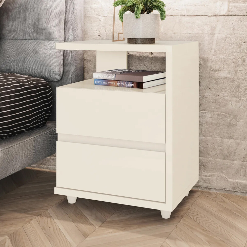 MESA DE LUZ O NOCHE CON ESPACIO Y DOS CAJONES OFF WHITE