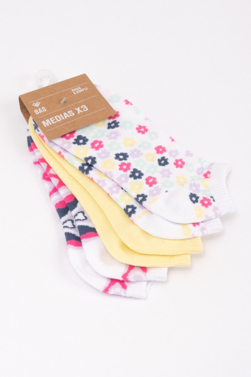 Medias soquete pack x 3 flores - Fucsia