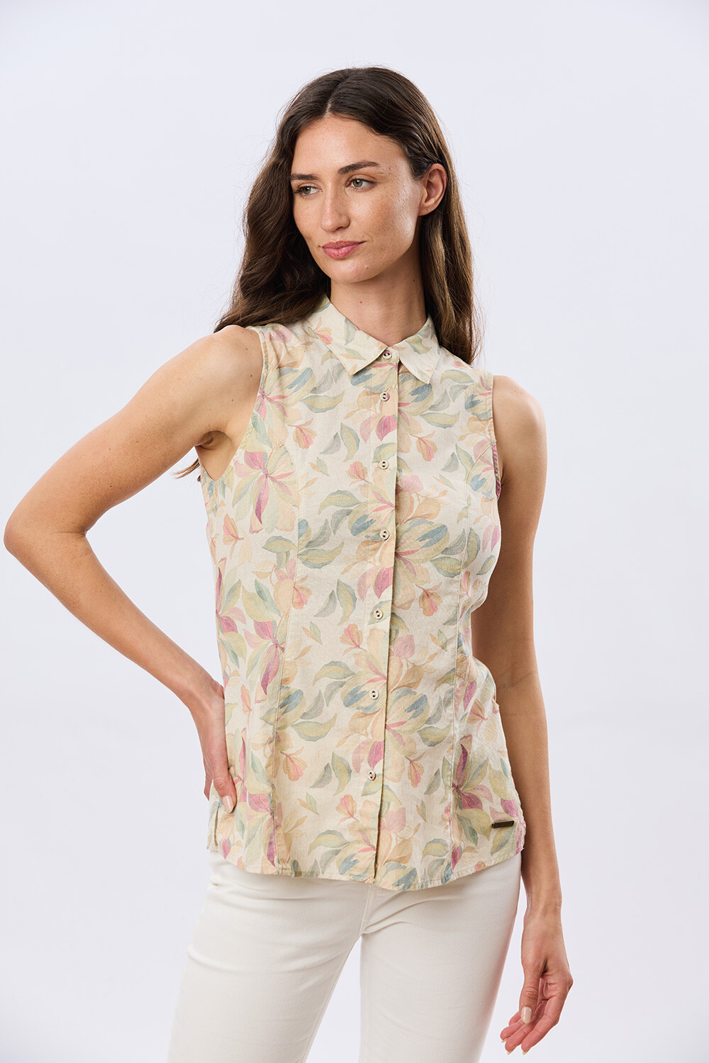 CAMISA DE LINO ESTAMPADA Coral