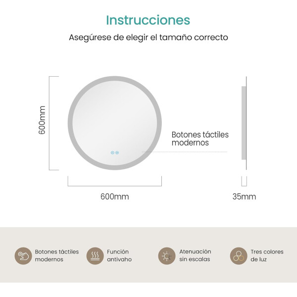 Espejo Redondo De Baño Led 60cm Función Desempañado ESPEJO REDONDO LED03 60 CM DORADO