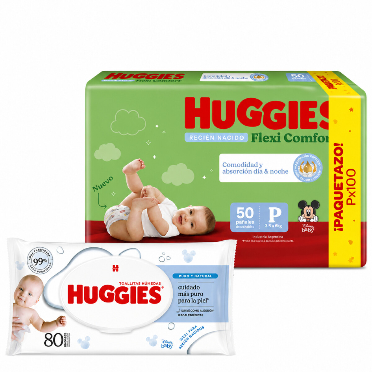 Pack Huggies Pañales Flexi Comfort P 50 Unidades + Toallitas Húmedas Puro y Natural 80 Unidades 
