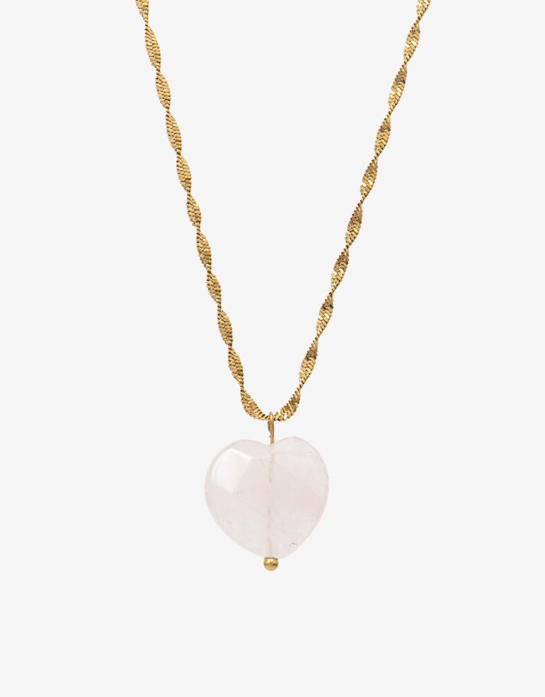 Cadena Corta con Dije Piedra Cadena Acero Con Cuarzo Rosa - Rosa Claro