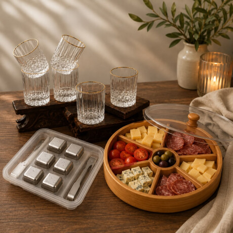 Combo Set de 6 Hielos con Pinza 6 Vasos para Whisky y Copetinero en Bambú con Tapa Combo Set de 6 Hielos con Pinza 6 Vasos para Whisky y Copetinero en Bambú con Tapa
