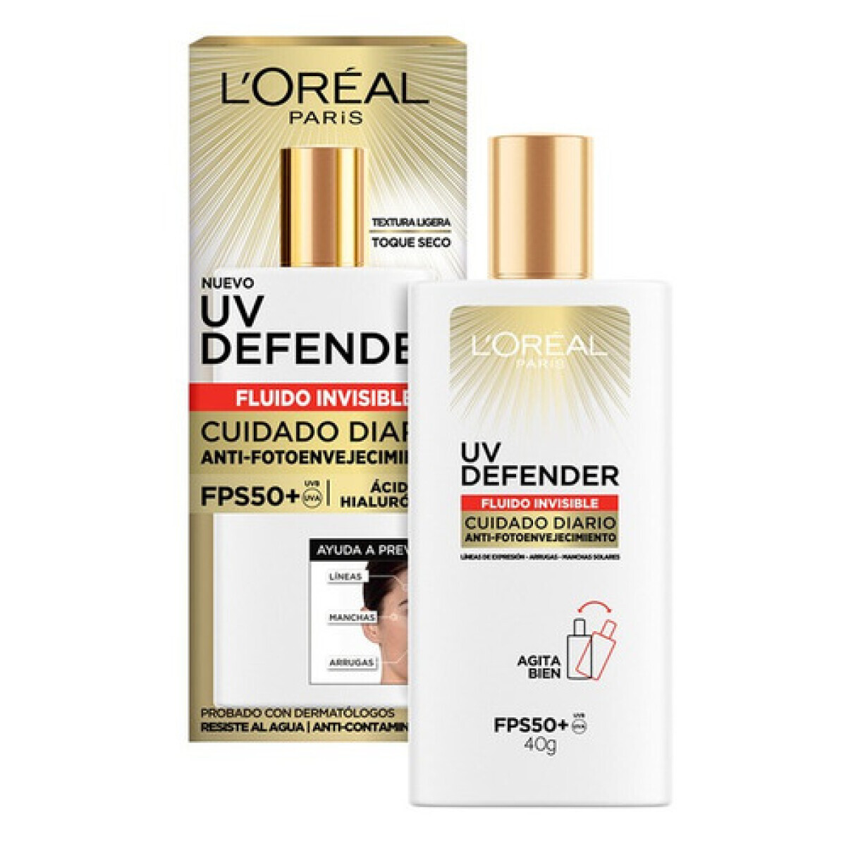 L’Oréal UV Defender Fluido Sin Color FPS 50 + Ácido Hialurónico 40gr – Protección Solar Facial