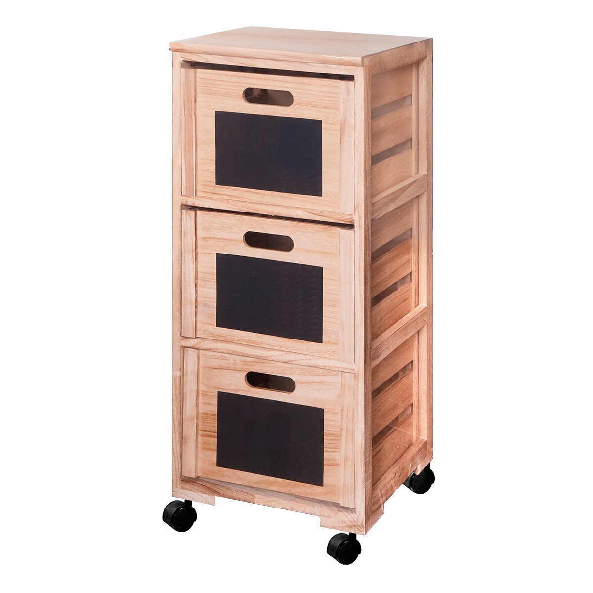 Rack de madera con 3 cajones y ruedas 