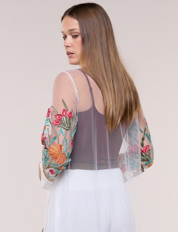 Cardigan Kimono Largo De Tul Bordado BLANCO/MULTI