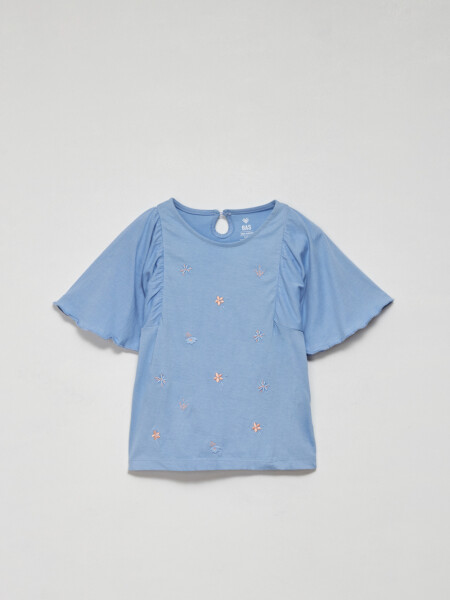 Camiseta manga corta volados Bordada flores- Celeste